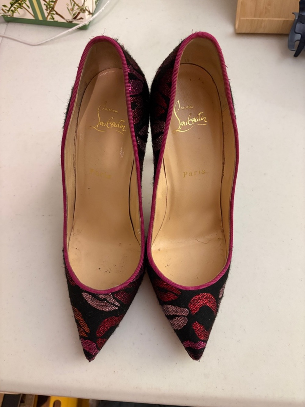 Christian Louboutin Black Pumps with Pink Trim and Multicolor Embroidery